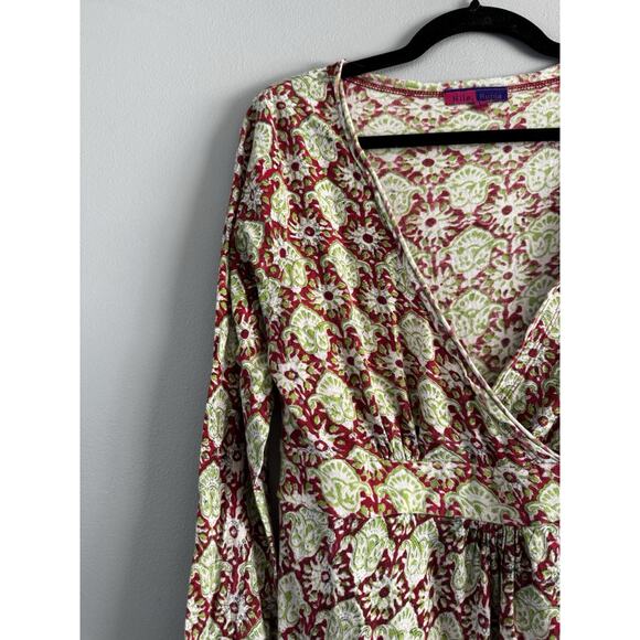 Nila Rubia Pink Green Paisley Hand Block Print Faux Wrap Long Sleeve Dress Large - Picture 3 of 6